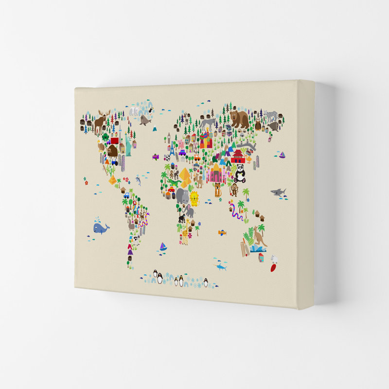 Animal Map Of The World by Michael Tompsett - Print, 21cm H x 29.7cm W x 4cm D, Wrapped Canvas