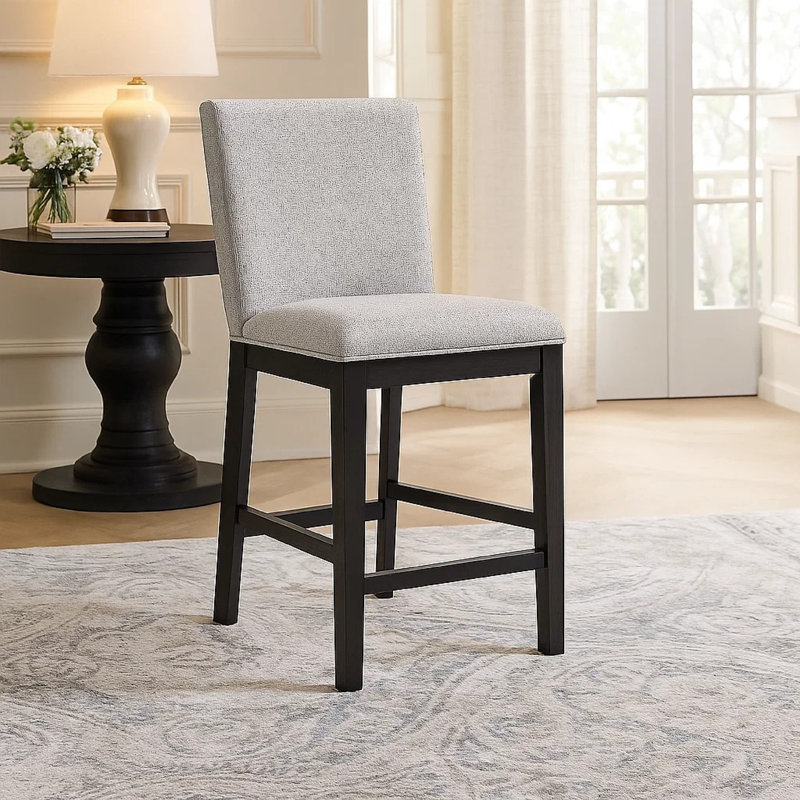 Ensemble de 2 tabourets de comptoir Nea, polyester gris, structure en bois brun foncé