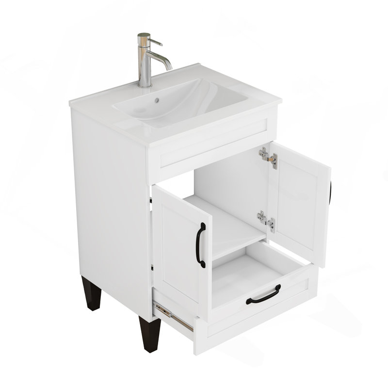 Meuble-lavabo de 24 po avec lavabo, armoire avec 2 portes et 1 grand tiroir, poignée en métal noir, pieds noirs, charnière à fermeture en douceur, armoire de salle de bain Mordern, assemblage facile, blanc