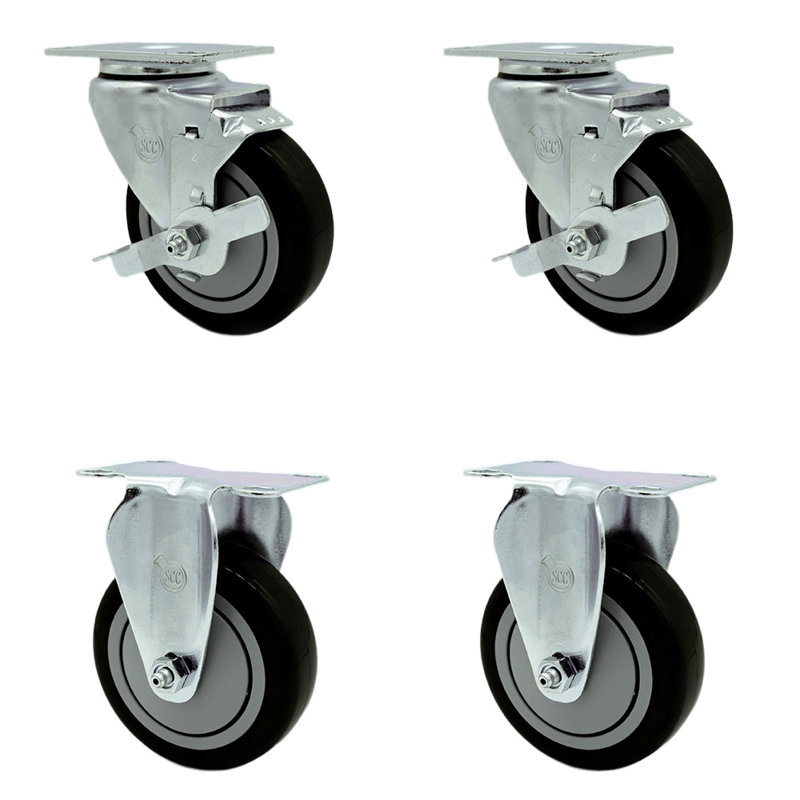 4 Piece Polyurethane Caster Set with Brake, Black