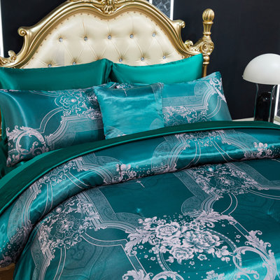 Jacquard Comforter Set King Size Bedding with Green Satin Sheet Set 8 Pcs Royal Embroidery Neoclassical Floral Home Decor Soft Luxury Hotel Bed in a Bag with 1 Cushion Cover