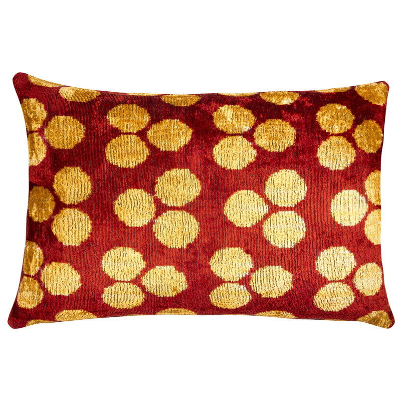 Handmade Velvet Pillow With Down Feather Insert – Ruby Red & Gold Polka Dots, 16X24"