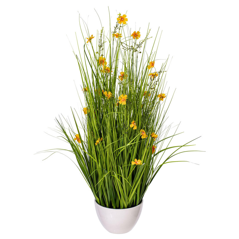 Artificial Potted Yellow Cosmos and Green Grass., 42" H x 19" W x 19" D