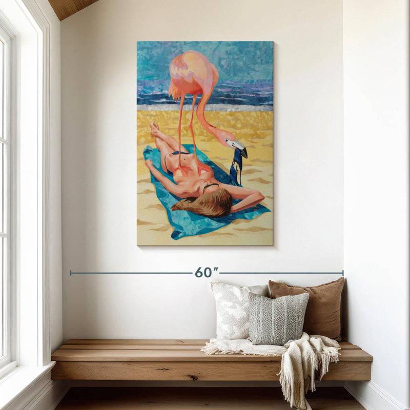 Flamant brun sur baigneur de soleil, H 45 po x l 30 po
