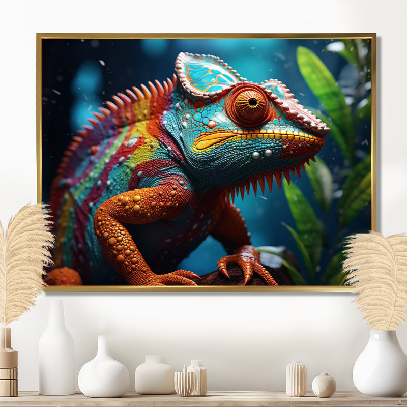 Portrait coloré de caméléon coloré - animaux de la forêt, art mural, Toile avec cadre doré, H 12 po x l 20 po x P 1 po