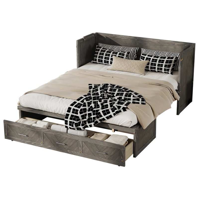 Grand lit escamotable en bois de pin avec charge USB et panneau géométrique - gris, Gris