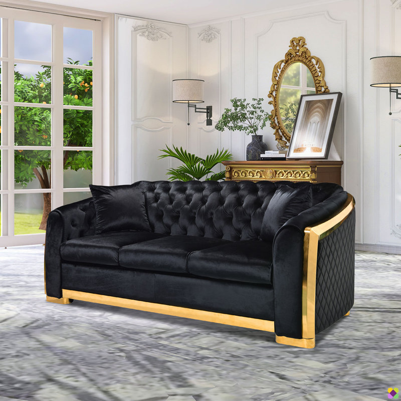 Eugenija 81.1" Velvet Luxury Chesterfield Sofa, Pocket Spring, Black Velvet