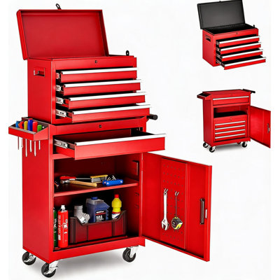 5 Drawers Rolling Metal Tool Chest Cabinet, Mobile Tool Cart with Sliding Drawers, Protective Liner & Lockable Casters for Garage and Workshop Storage, Red