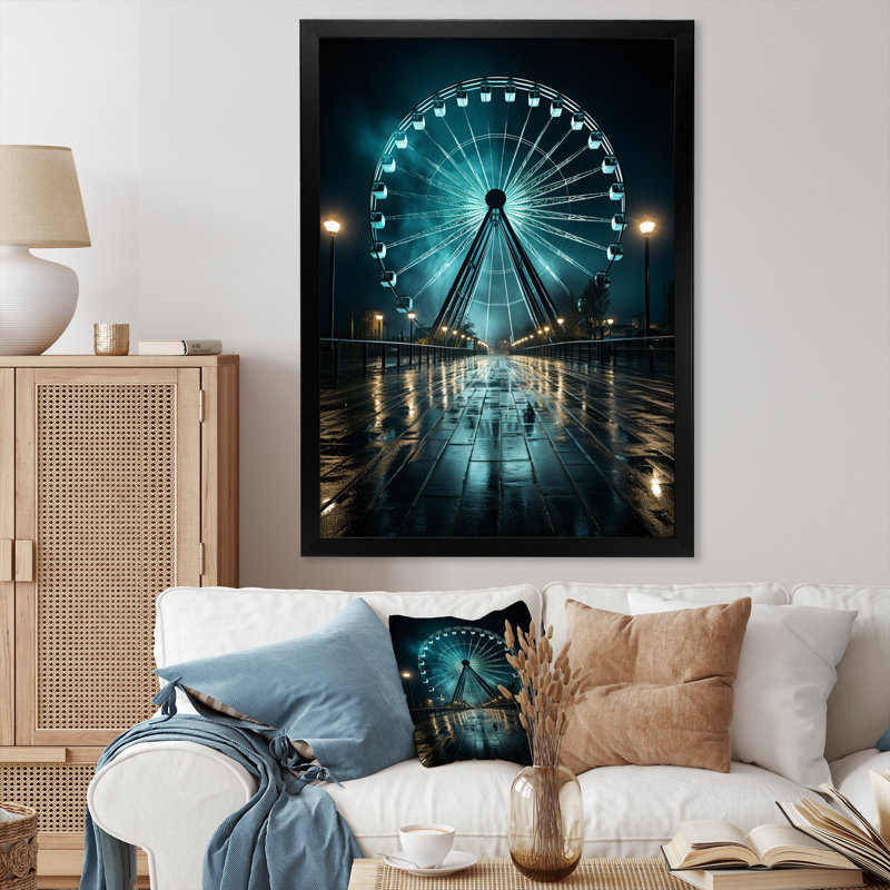 «Teal Ferris Wheel Nighttime Thrills», reproduction sur toile, H 32 po x l 24 po x P 1 po, Cadre photo noir