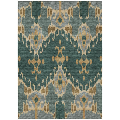 9' X 12' Green Gray And Gold Ikat Washable Indoor Outdoor Area Rug