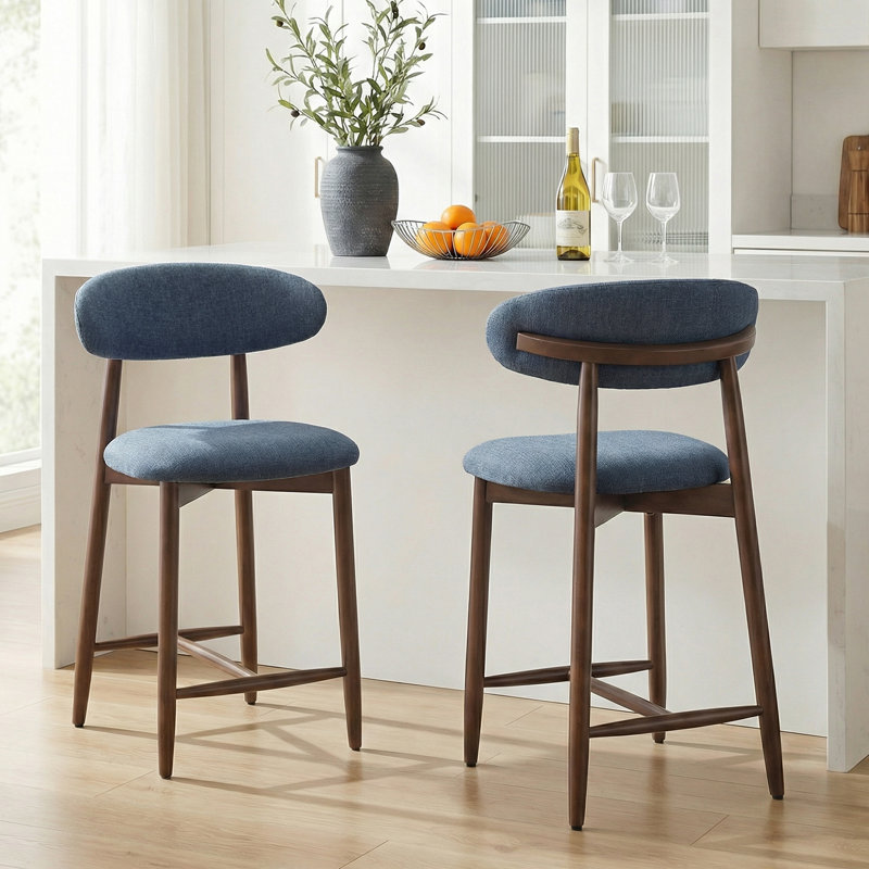 Tabouret de comptoir rembourré Solon avec structure en bois massif, Bleu