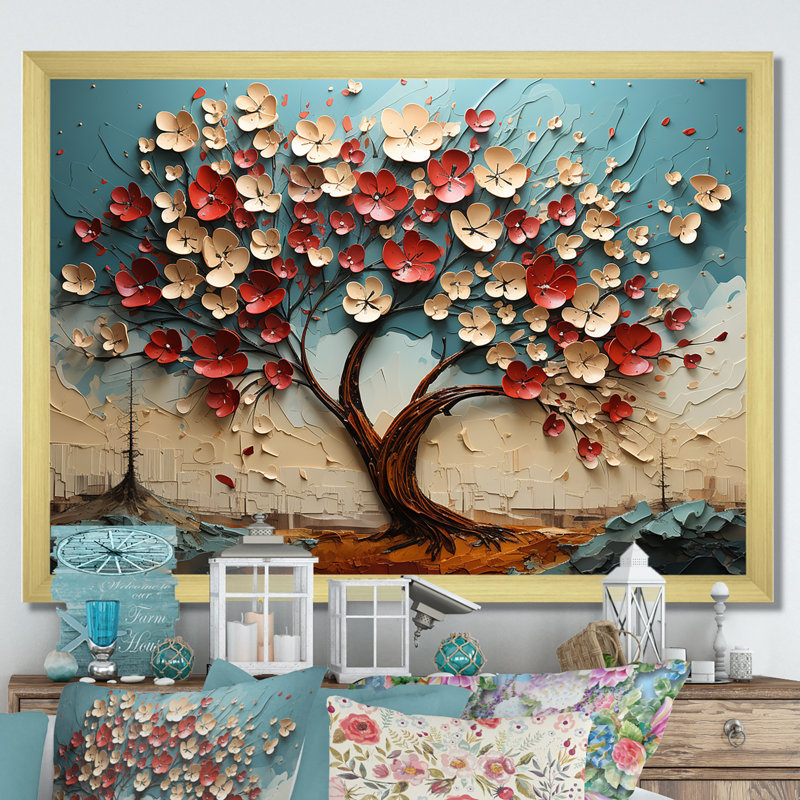 Arbre de fleur rouge et or au clair de lune beauté III - arbre, art mural, Cadre doré à coins fermés