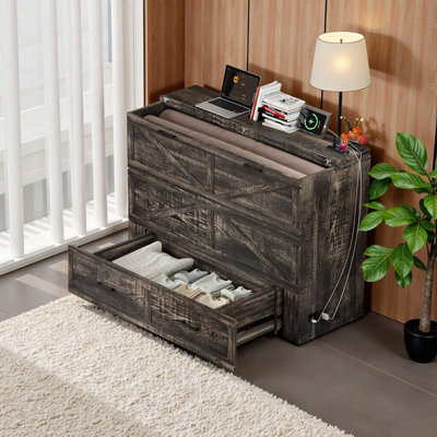 Grand lit escamotable avec station de charge et grand espace de rangement - Lit plateforme pliable de style campagnard gris rustique pour chambre d'amis, salon, bureau