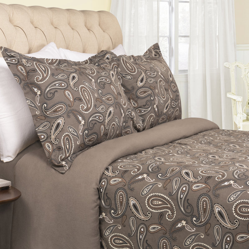 Superior Flannel Cotton Modern Classic Fuzzy Duvet Cover Set With Pillow Shams, Gray Paisley