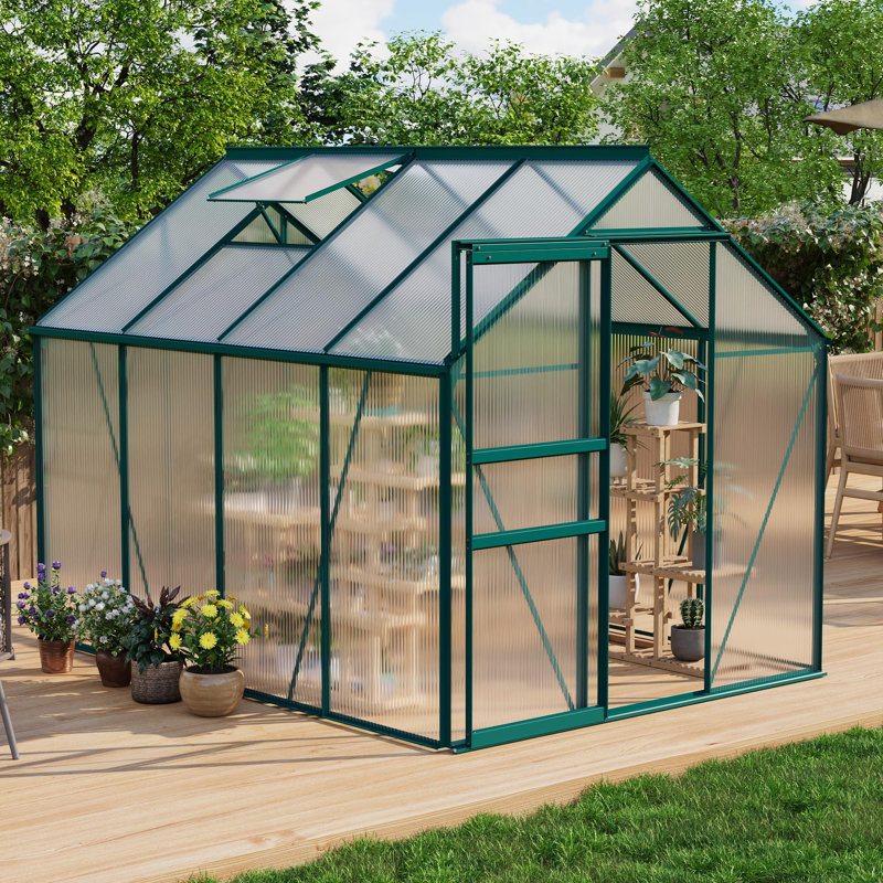 Green 6x8 Ft Heavy-Duty Walk-in Polycarbonate Greenhouse with Aluminum Frame, Sliding Door and Adjustable Roof Vent for Winter Use