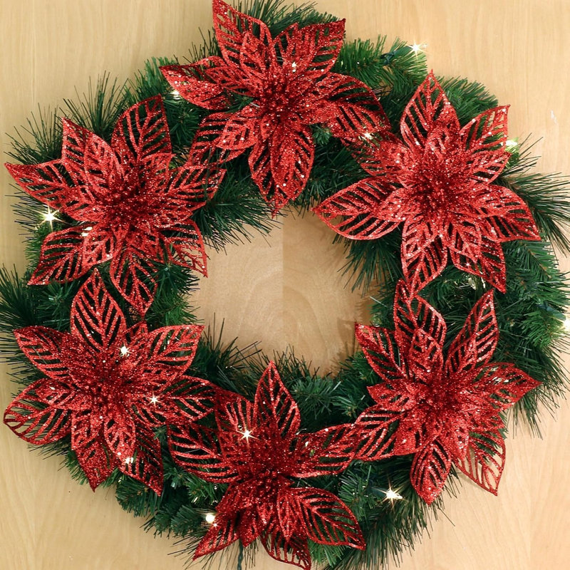 Ensemble de couronnes de Noël à faire soi-même de 61 cm avec des poinsettias rouges scintillants de 21,5 cm.