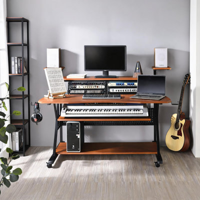 Music Studio Desk with Keyboard Tray and Speaker Shelves, Rectangle Computer Desk in Cherry and Black, 67-Inch Wide Workstation for Home Studios