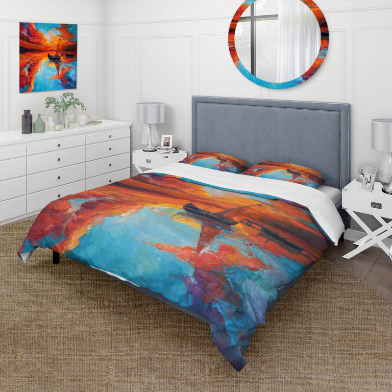 Petit bateau pendant un coucher de soleil rouge foncé - Ensemble de housse de couette nautique et côtier - Polyester en microfibre