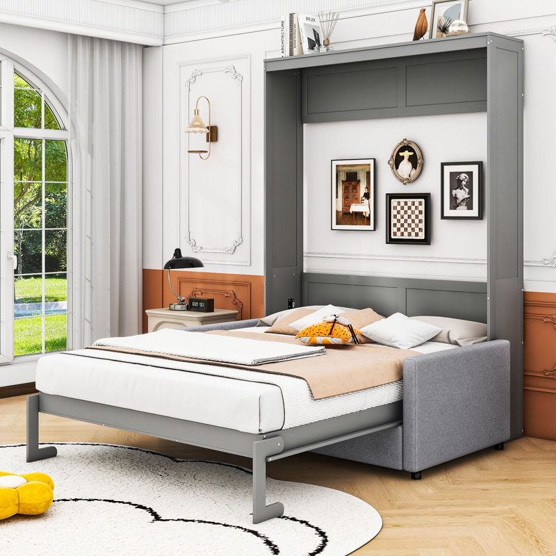 Lit escamotable mural avec coussin Kiora, Gris, Grand