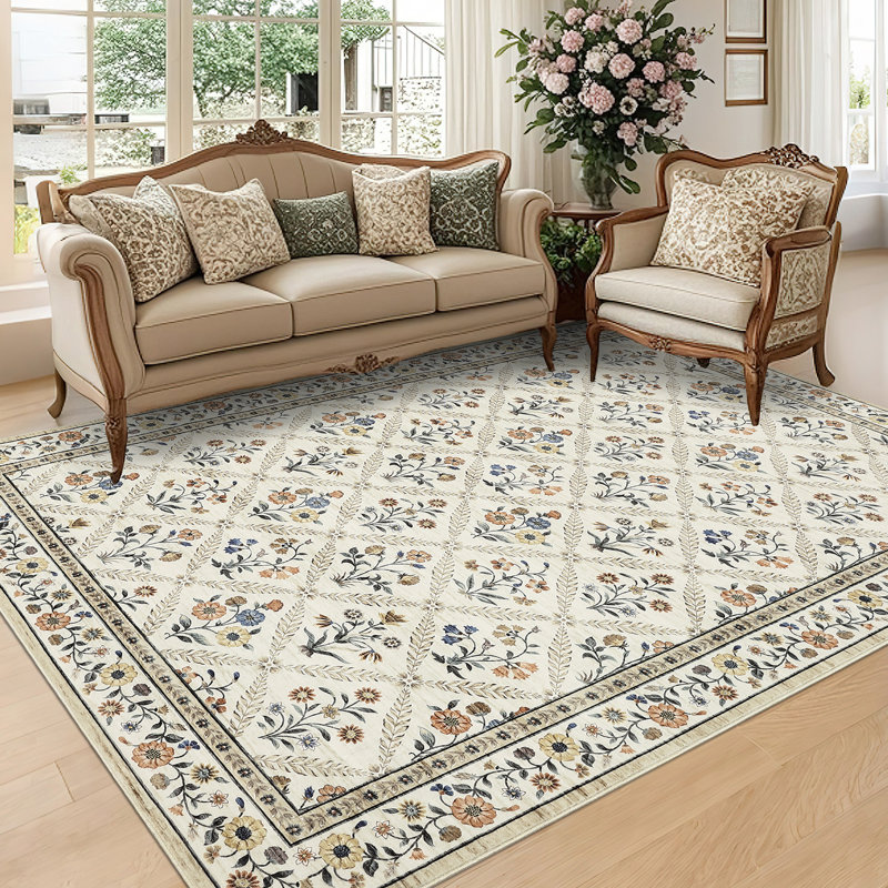 Machine Washable Bordered Rug Non Slip Rug Floral Foldable Rugs for Living Room Bedroom Playroom Nursery Dorm, Beige