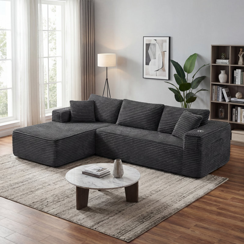 108" Modern L-Shaped Compression Sectional Sofa With Chaise Deep Seat Corduroy Upholstered Couch, Dark Gray Corduroy