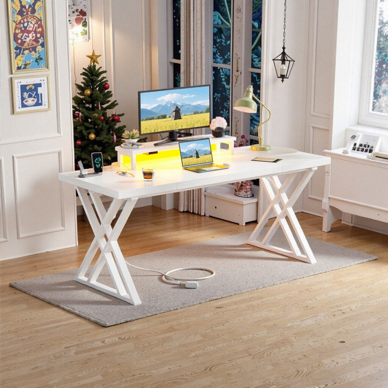 Bureau intégré de charge et de jeu à DEL avec support pour écran, bureau en mélamine de 180 pouces, Blanc