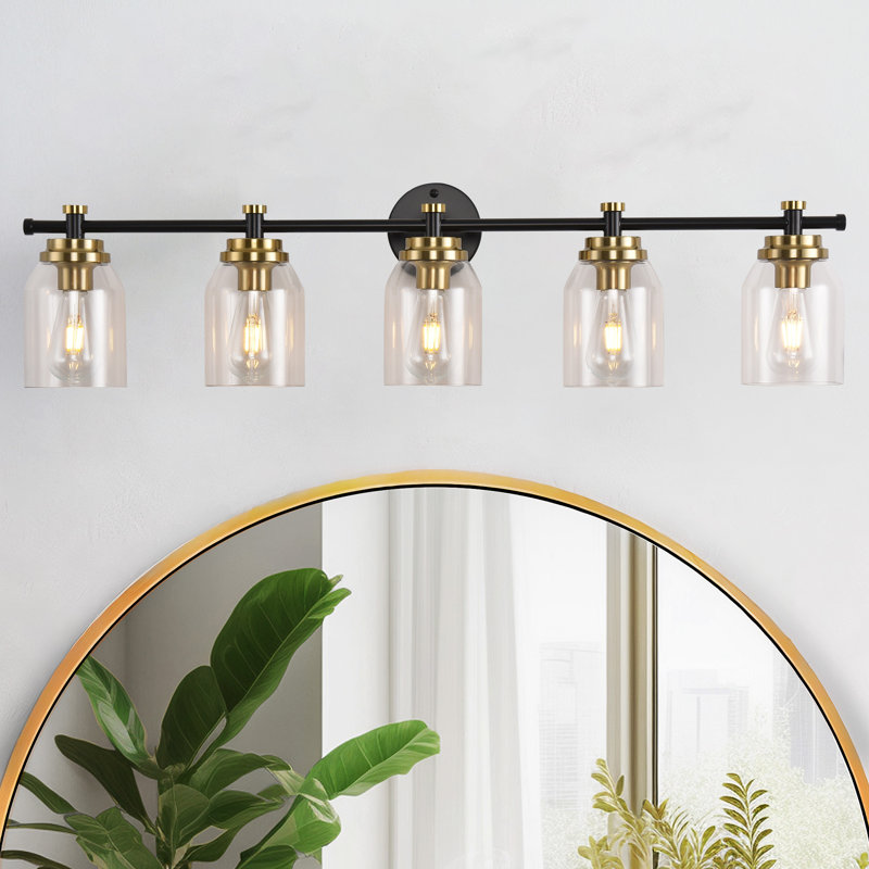 5-Light Bathroom Light Fixtures, 38Inch Black Gold Modern Vanity Lights With Clear Glass Shade, Bathroom Wall Lamp For Mirror Kitchen Living Room Hallway Bedroom