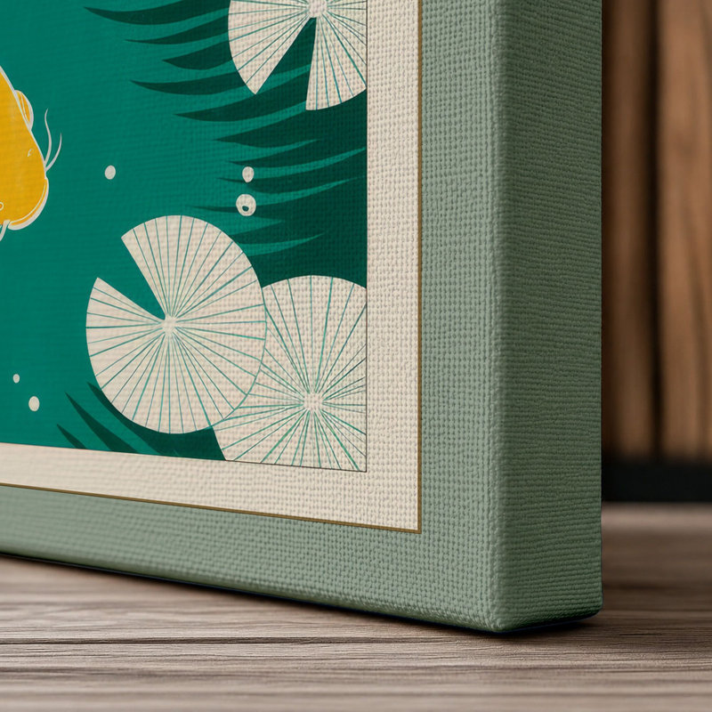 Golden Koi in Circle Japandi - Wrapped Canvas, 36x24 - 91.4 x 61.0 cm, Sage Border