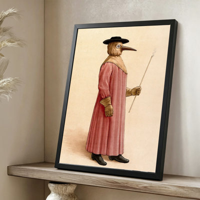Modern Abstract Plague doctor in red robe holding a smoking stick, Vintage illustration style. 24" x 36" Framed Canvas Wall Art in Black Wood Fram