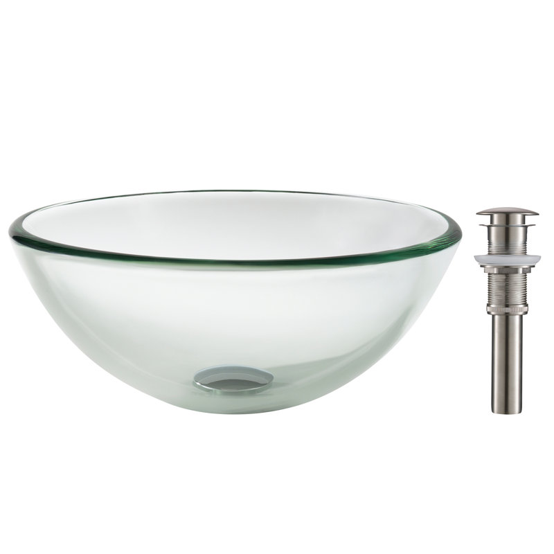 Kraus 14 Inch Clear Glass Vessel Sink in Clear with Pop-Up Drain, Satin Nickel