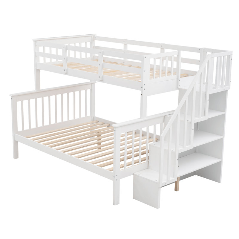 Lit simple superposé au dessus d'un lit double avec escalier de rangement, Blanc