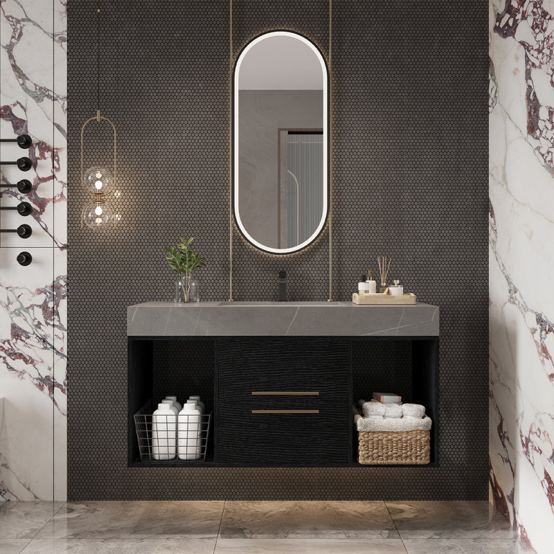 Meuble-lavabo moderne avec comptoir en marbre et lavabo en céramique, peu encombrant