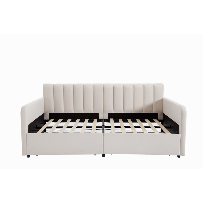 Andino Velvet Upholstered Daybed with 2 Drawers, Headboard and Footboard, Beige