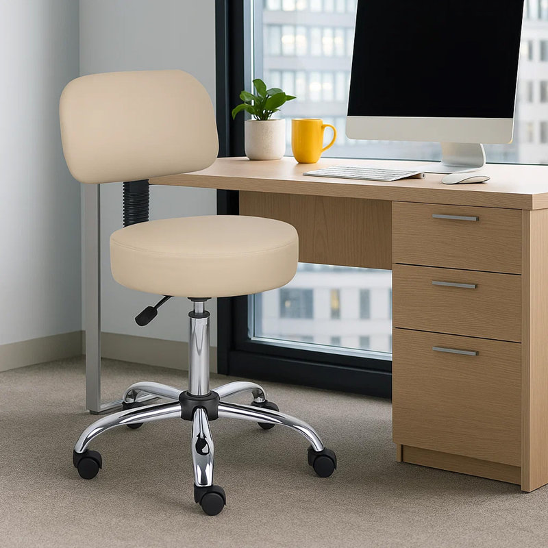 Fea Rolling Medical Drafting Swivel Stool, Round  Padded Seat, Low Back, Beige