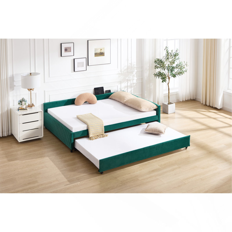 Lit de jour rembourré avec lit gigogne, structure de lit en bois robuste, conception de grille de diamant moderne, pour chambre à coucher, chambre d'amis (émeraude)