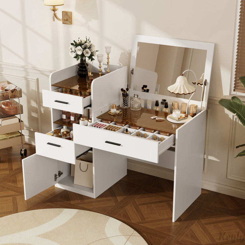 Bureau de coiffeuse 3 en 1 avec miroir rabattable, coiffeuse de maquillage compacte en verre et rangement caché, coiffeuse avec 3 tiroirs et armoire, coiffeuse peu encombrante pour la chambre à coucher, blanc