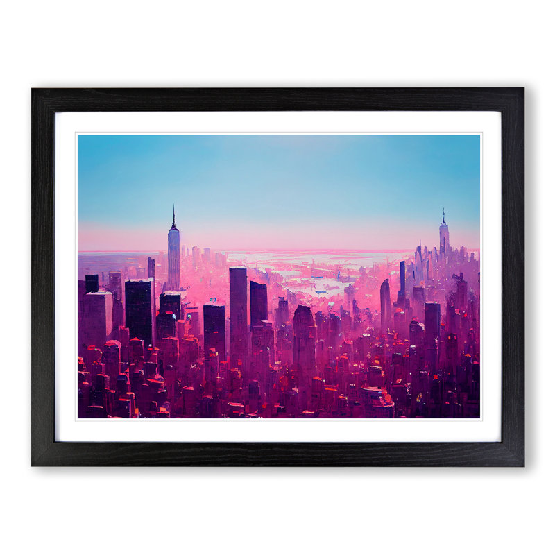 XH1022-6669X Painted New York Skyline - Single Picture Frame Painting, Black Framed, 46cm H x 64cm W x 2cm D