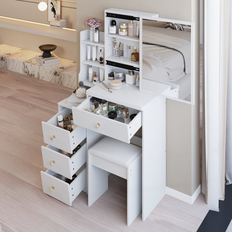 Petit meuble-lavabo 29,2 po avec tabouret de chevet et tabouret rembourré, Blanc