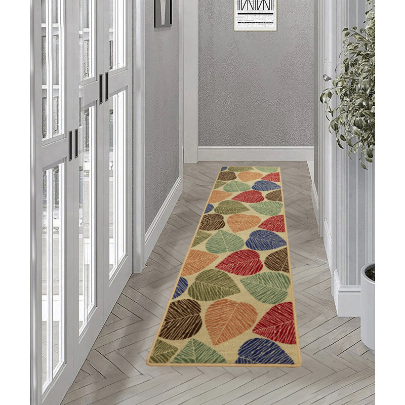 Machine Washable Floral Leaves Beige Slip Resistant Rugs, Runner 1'11" x 6'11"