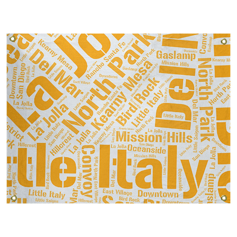 Tapisserie de polyester districts, art word, H 59 po x l 80 po, Orange, San Diego