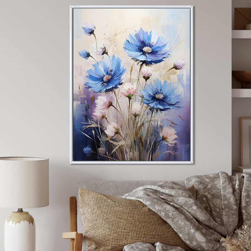 Bleu et mauve, bleuet, symphonie - impression, H 32 po x l 16 po x P 1 po, Cadre flottant blanc