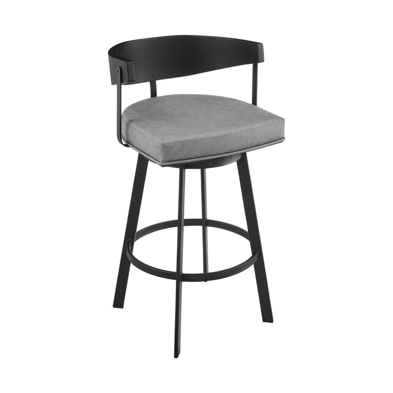 Ahzhane Modern Swivel Counter or Bar Height Barstool with Arms and Open Low Back in Iron with Wood and Faux Leather