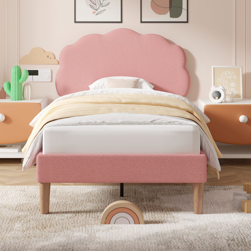 Twin Size Bed Frames With Cimahi Adjustable Teddy Fleece Headboard, Upholstered Platform Bed W/Slats Support, Pink