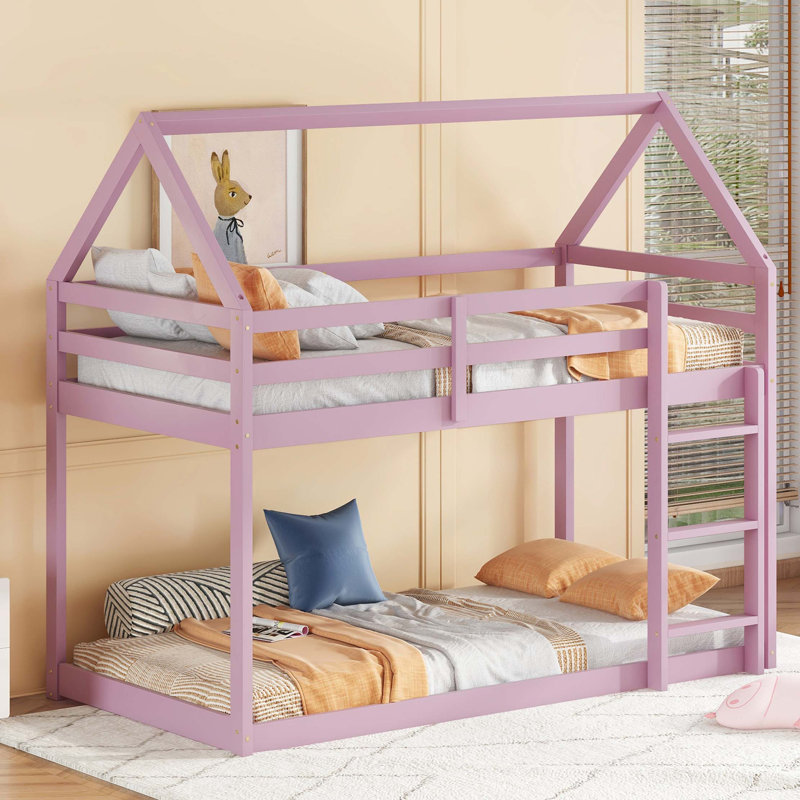Rubber Wood Floor Bunk Bed,with ladder,Guardrails,House-Shaped-Bunk Bed, Pink