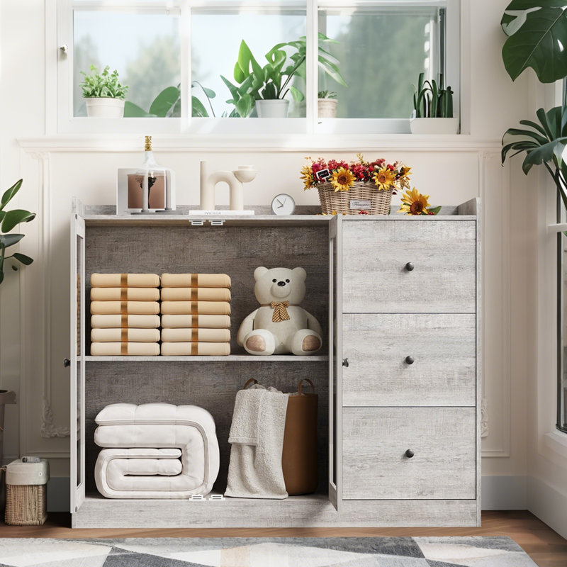 Buffet moderne de 43 po, armoire de rangement avec garde-corps, 3 tiroirs, tablettes réglables, portes en verre trempé, table de salle à manger en bois