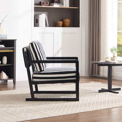 Fauteuil lounge en tissu, fauteuil une place avec accoudoirs, fauteuil lounge rembourré avec structure en bois, convient pour le salon/la chambre/le bureau, rayures noires et blanches