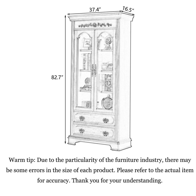 Rubber Wood Carved Glass Door Bookcase with Drawers