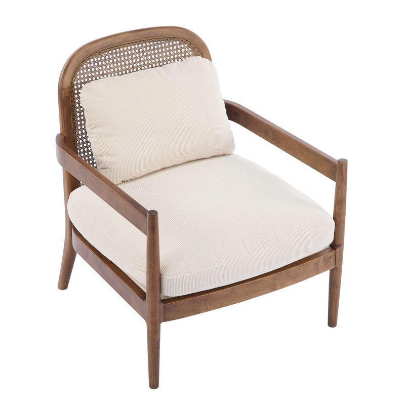 Chaise d'appoint Mid-Century avec accoudoirs en bois massif et dossier en rotin, Marron clair, Rayures beiges