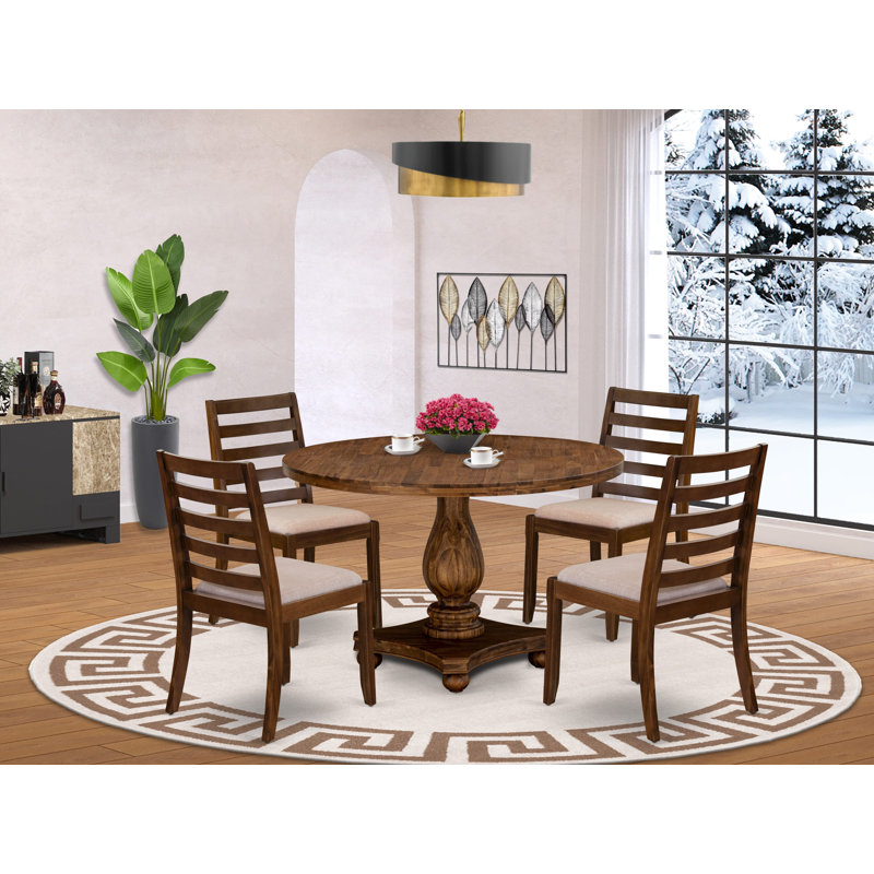 L'ensemble de table de cuisine 5 pièces comprend une table de cuisine ronde et 4 chaises empilables en tissu de polyester brun clair, finition noyer antique