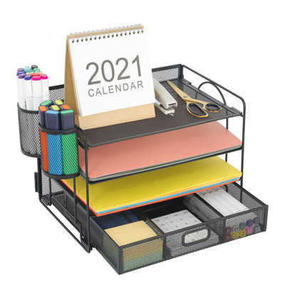 Desk Organizer And Accessories4-Tier Paper File Letter Tray Accessories & Workspace Desk Organizers With Drawer And 2 Pen Holders